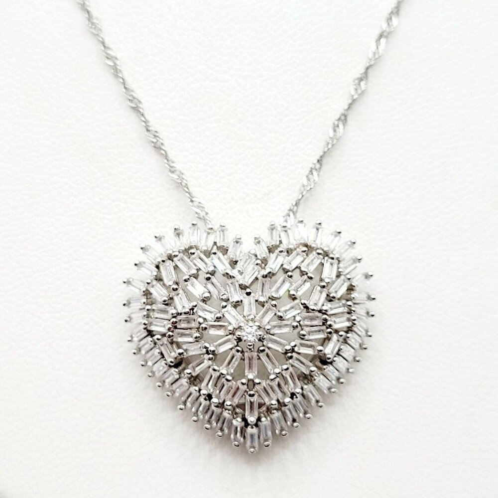 925 Sterling Silver Chain & Heart Pendant Cubic Zirconia Baguettes Prong Set
